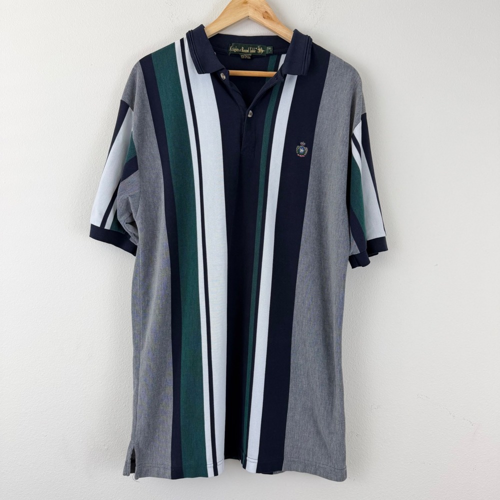 VTG 90's Knights of the Round Table Large Tall Vertical Stripe Polo Multicolor